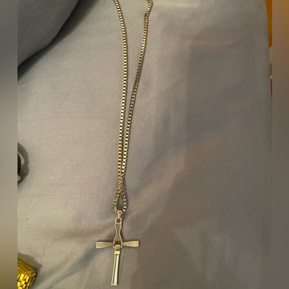Silver Cross with plated diamonds mens necklace - Picture 2 of 2